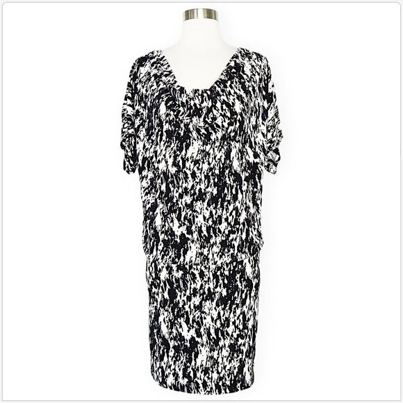 TravelSmith Black White Print Blouson Draped Neckline Stretch Jersey Dress 12 - Picture 1 of 4